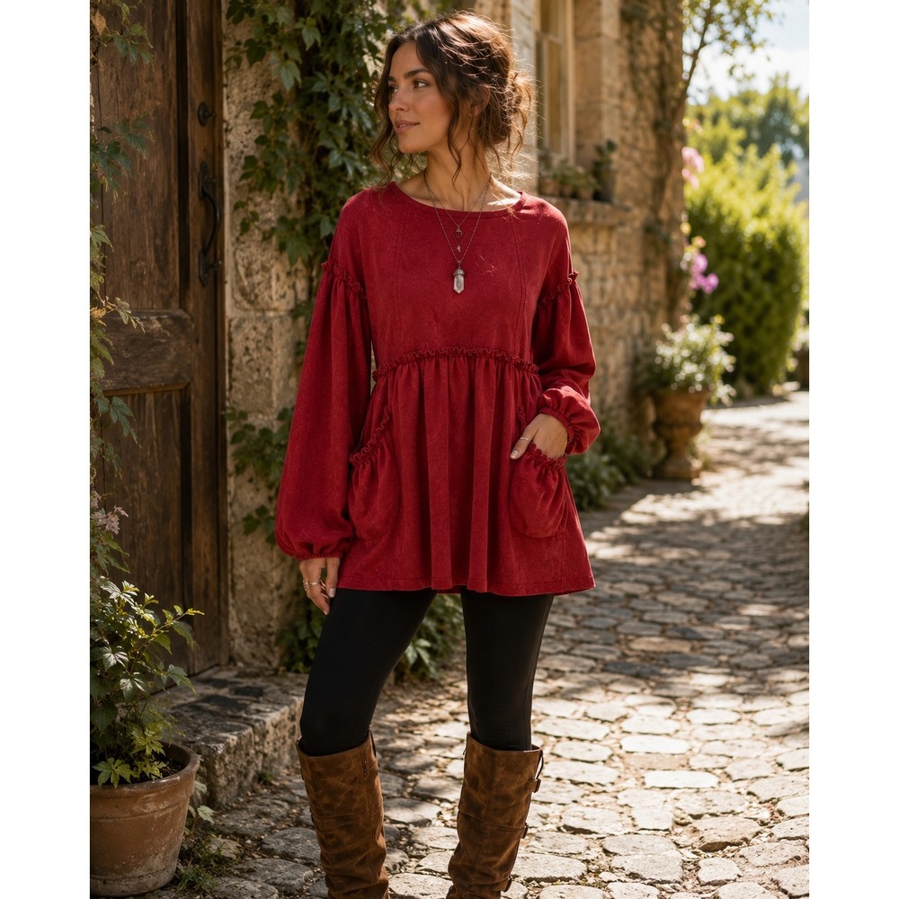Chelsea & Violet Womens M‎ Red Faux Suede Tunic Top Babydoll Ruffle Pockets Boho